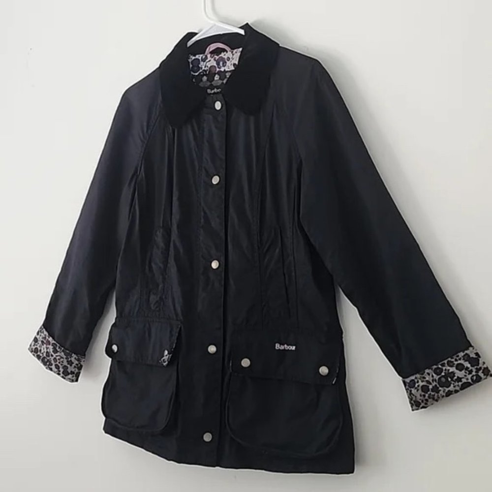 Barbour Beadnell Waxed Cottage Country Print Black/Charcoal Jacket Size 4 (US)